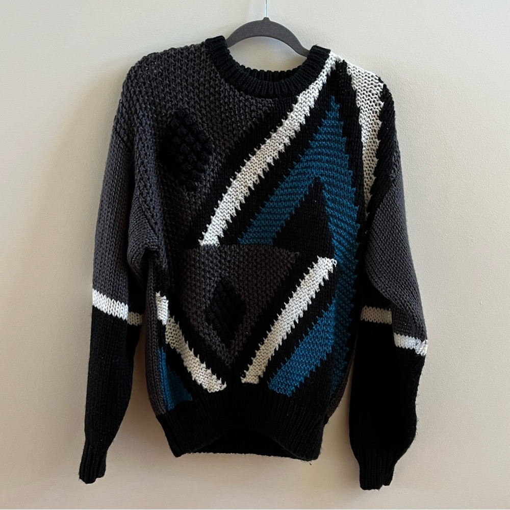 Men's Crew Neck Vtg Oakton Sweater Size M Gray/Black/Green/White Abstract Design